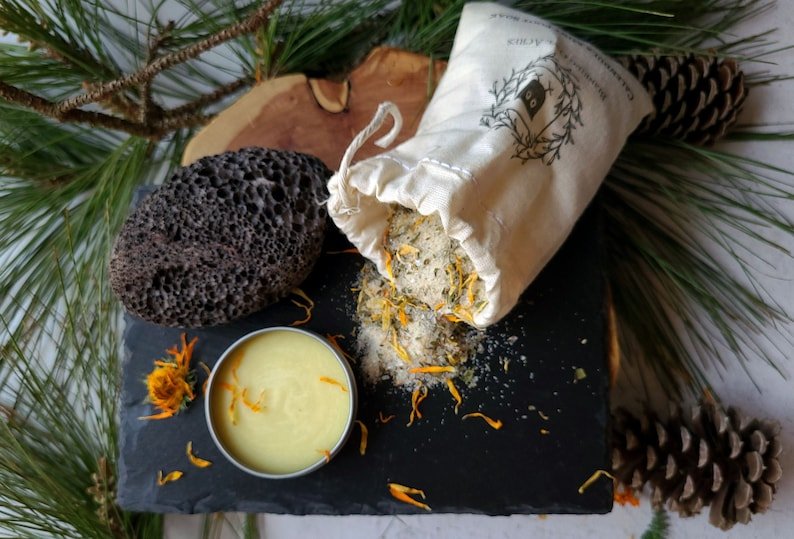 herbal foot spa gift set: calendula mint foot soak, balm & pumice herbal foot spa gift set: calendula mint foot soak, balm & pumice