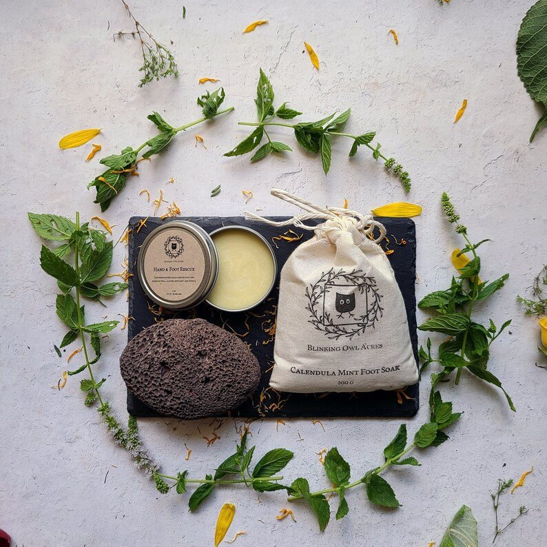 herbal foot spa gift set: calendula mint foot soak, balm & pumice herbal foot spa gift set: calendula mint foot soak, balm & pumice